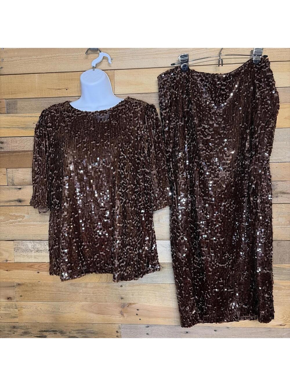Loft Skirt Set Womens L Top/Full Length Skirt Brown Sequin Sparkle Elegant Glam